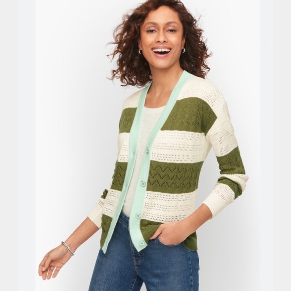 Talbots Sweaters - TALBOTS Cotton Linen Blend Tipped Pointelle Button Front Cardigan Olive / White